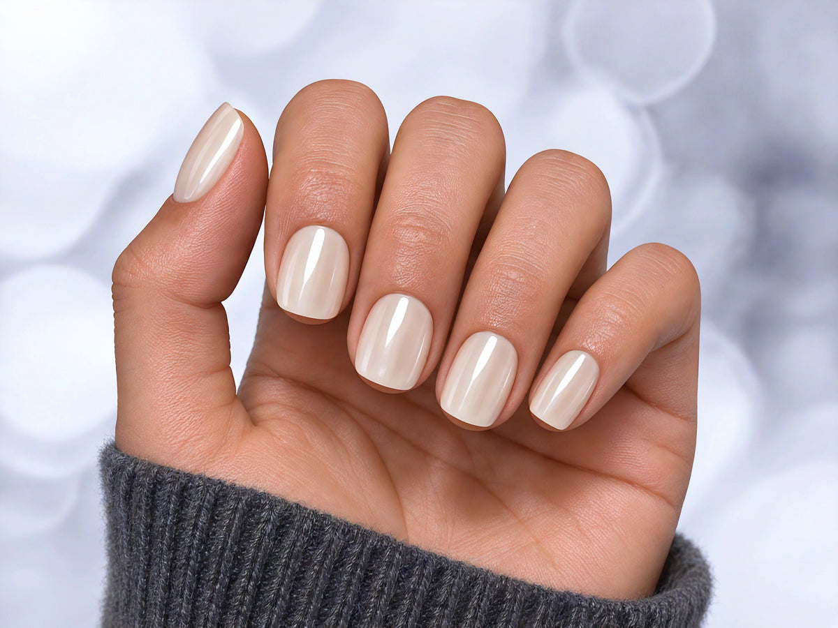 Relaxed palm view of white pearlescent chrome press-on nails in a short square shape, showcasing the reflective pearl shimmer.